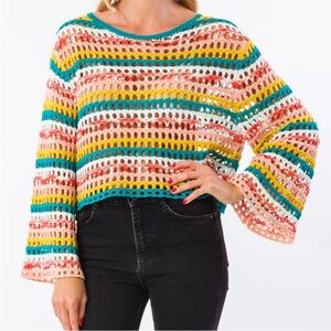 KERISMA‎ Multi Color Striped Open Knit Cropped Bell Sleeve Sweater SZ S/M NWOT
